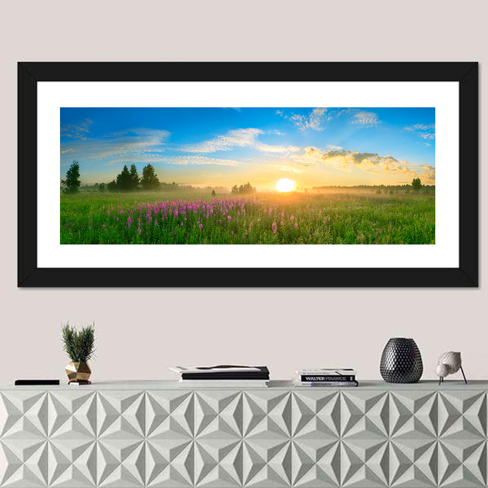 Fireweed Meadow Sunrise Wall Art in a room, panoramic