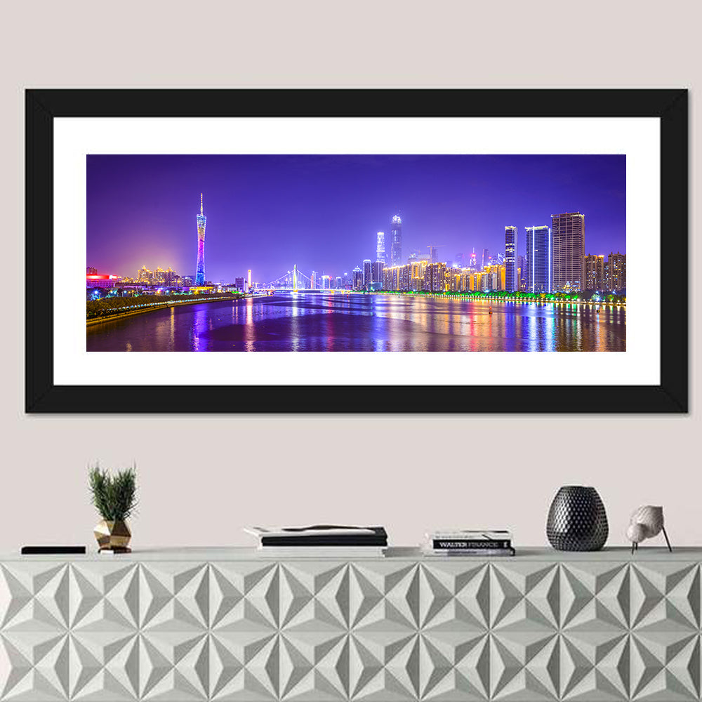 Guangzhou Skyline Night Over Pearl River Wall Art in a room, panoramic