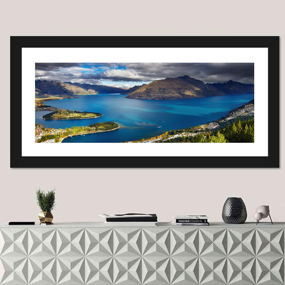 Lake Wakatipu Vista Wall Art in a room, panoramic