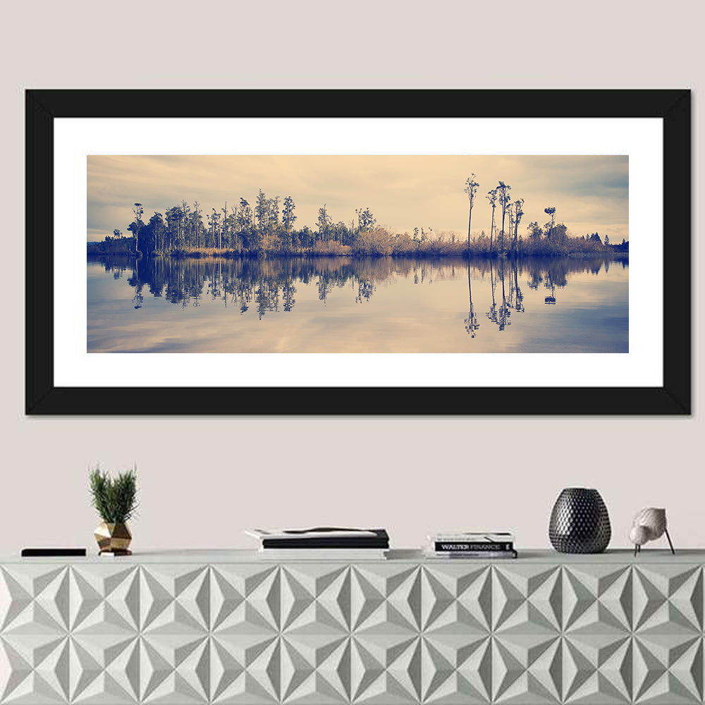 Sunset Over Forest Lake Wall Art in a room, panoramic