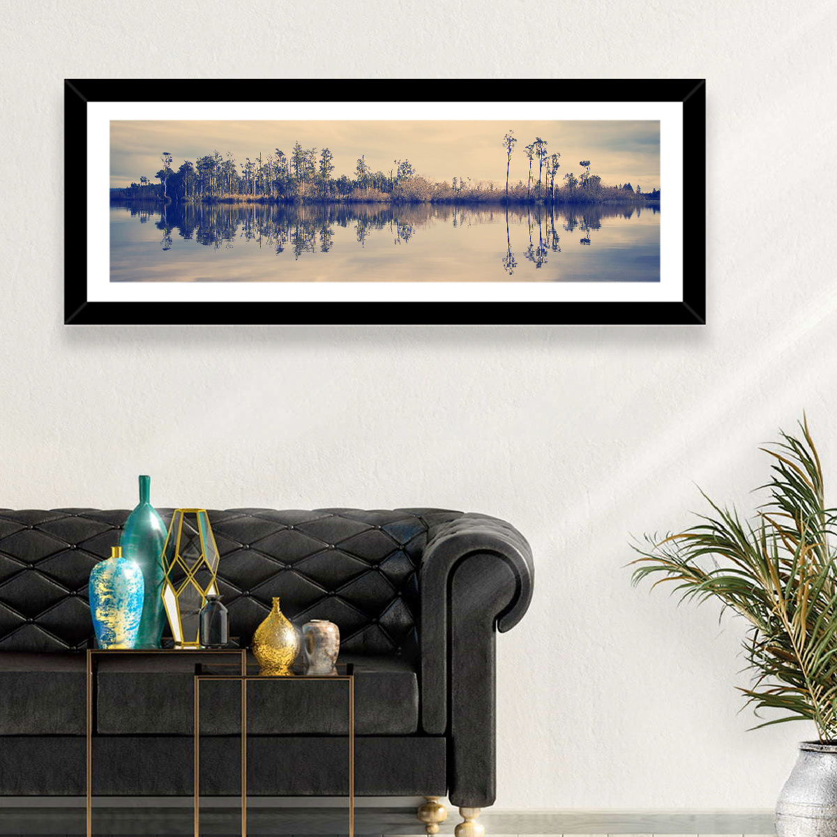 Sunset Over Forest Lake Wall Art in a room, panoramic