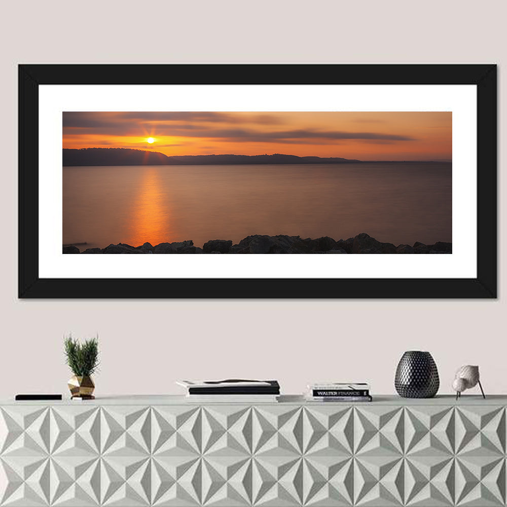 Lake Pepin Golden Sunrise Wall Art in a room, panoramic