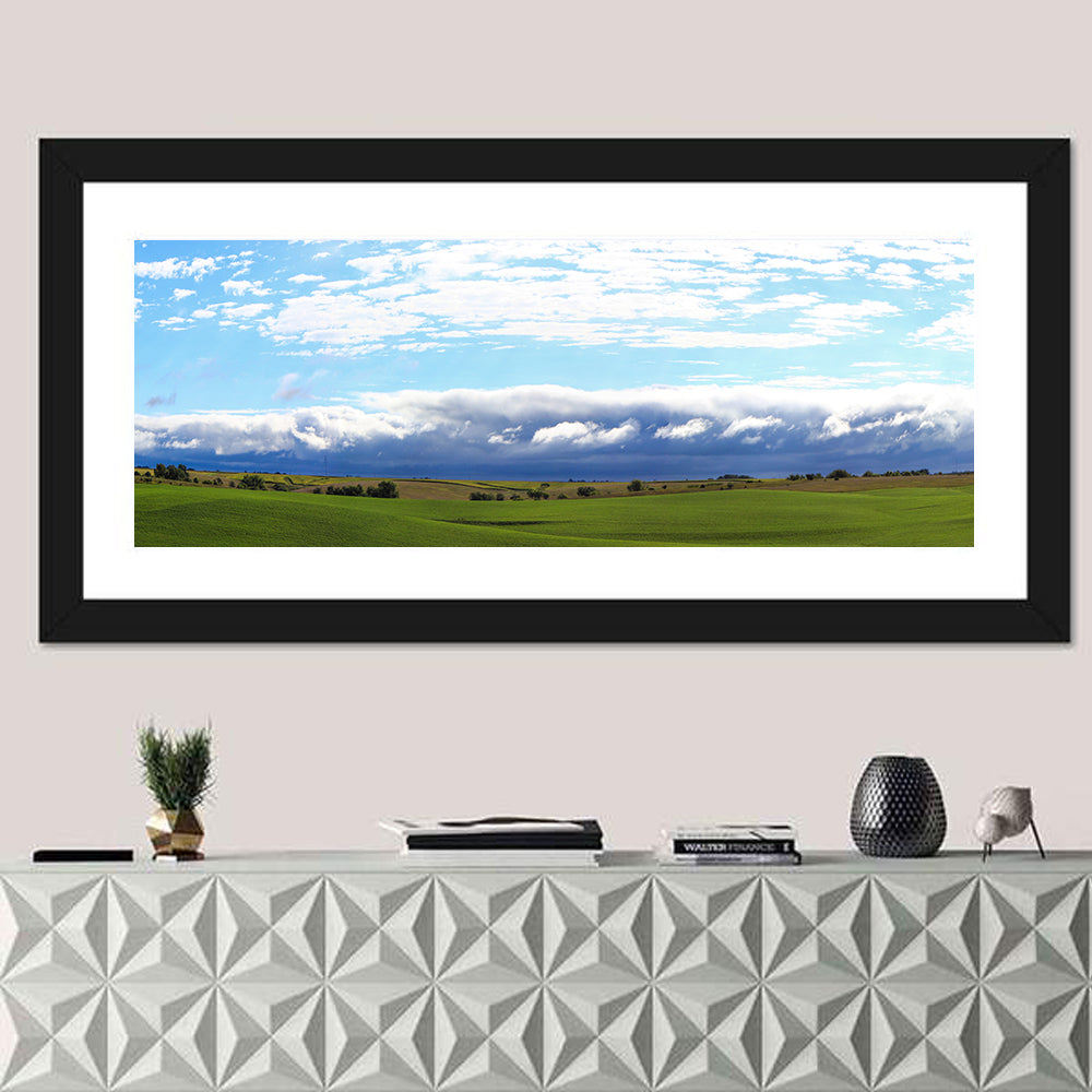 Storm Clouds Over Iowa Fields Wall Art in a room, panoramic