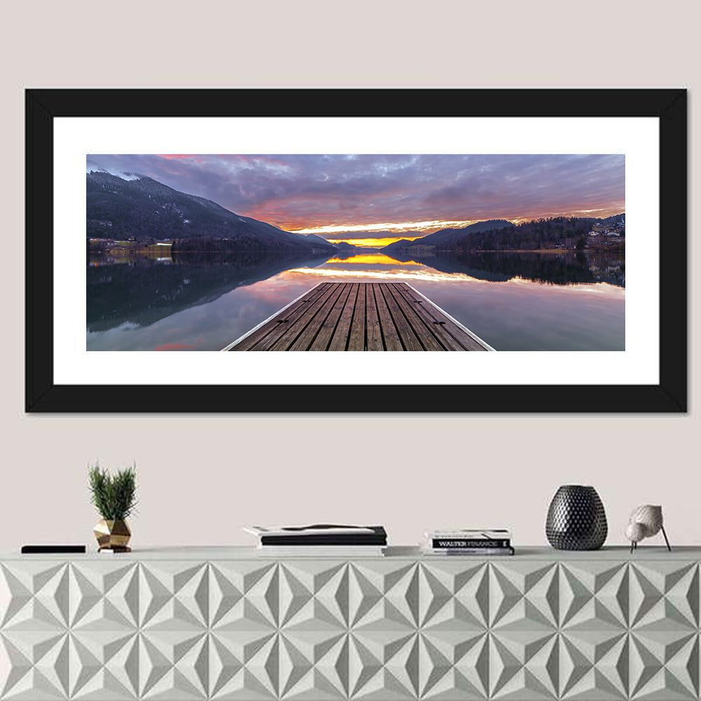 Fuschlsee Pier at Sunset Wall Art in a room, panoramic