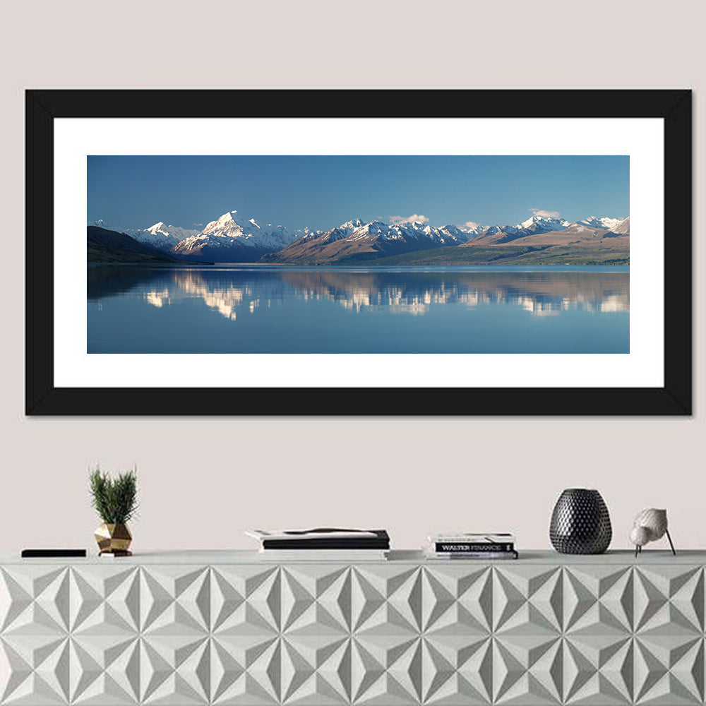 Mount Cook Reflection Over Lake Pukaki Wall Art in a room, panoramic