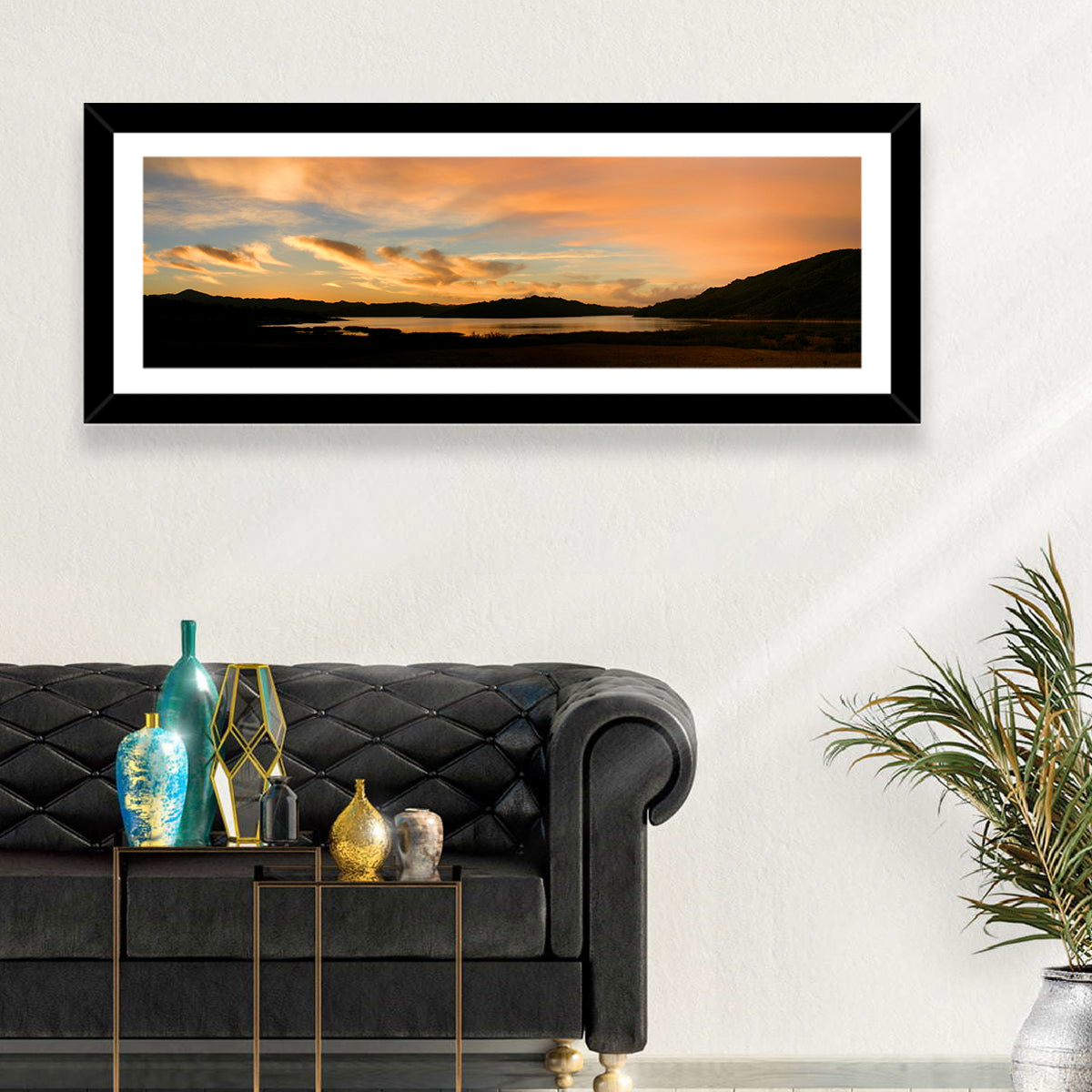 Lake Casitas Sunrise Wall Art in a room, panoramic