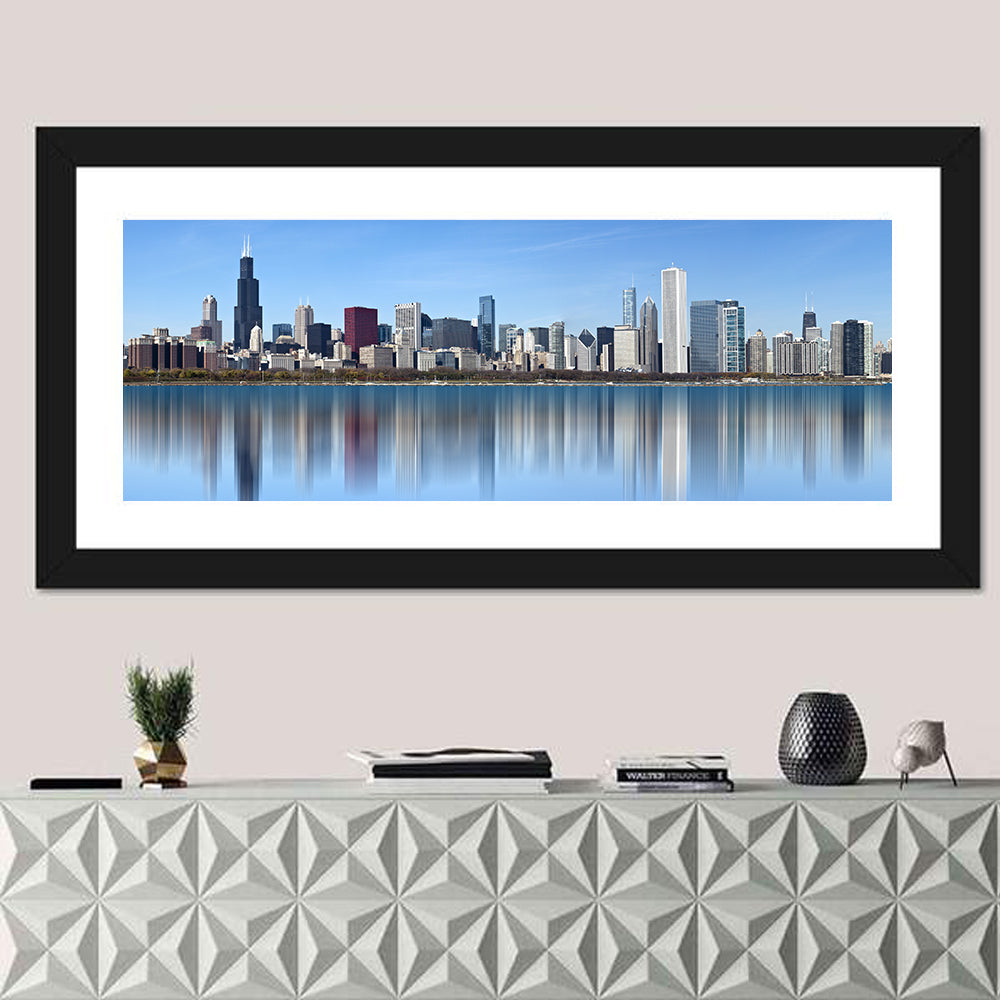 Chicago Skyline Reflection Wall Art in a room, panoramic