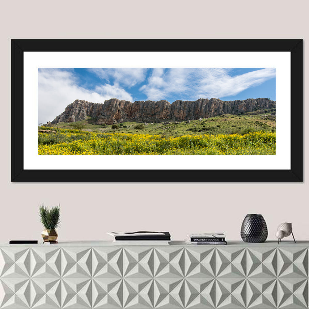 Mount Arbel Wildflower Meadow Wall Art in a room, panoramic