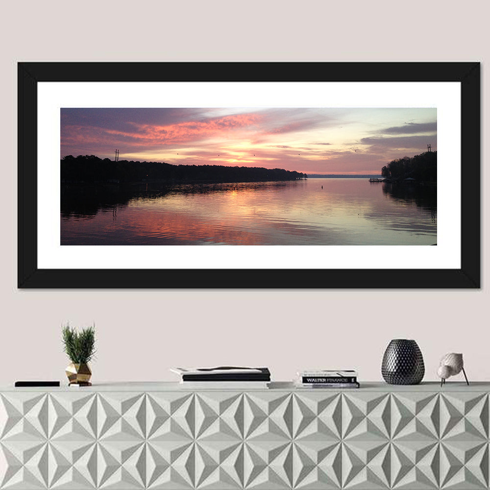Lake Eufaula Sunset Wall Art in a room, panoramic