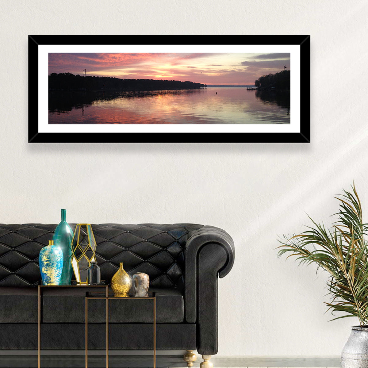 Lake Eufaula Sunset Wall Art in a room, panoramic