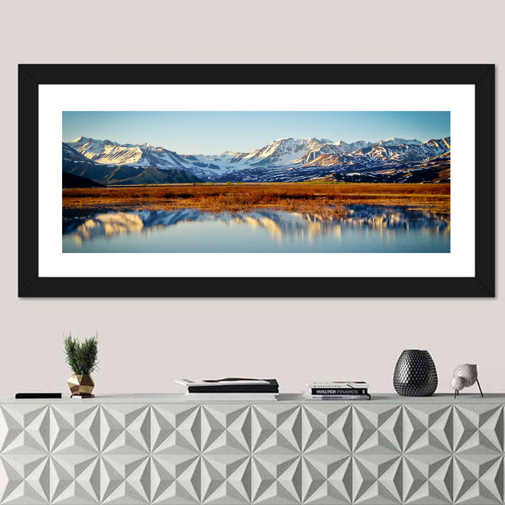Summit Lake Reflection Wall Art in a room, panoramic