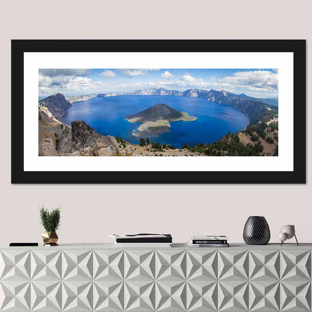 Crater Lake Rim View Wall Art in a room, panoramic