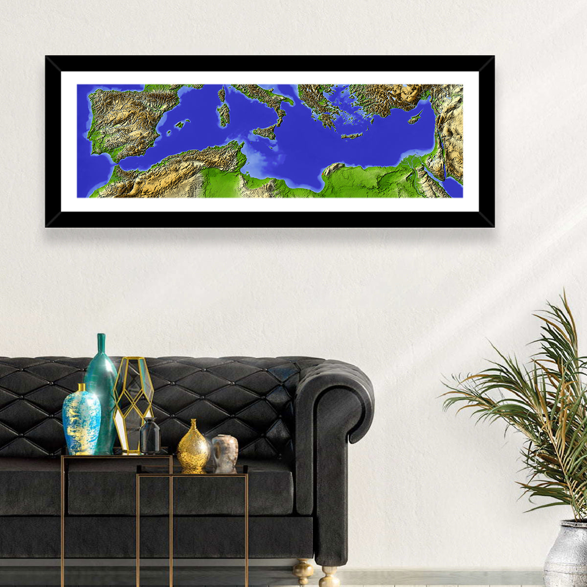Mediterranean Sea Shaded Relief Map Wall Art in a room, panoramic