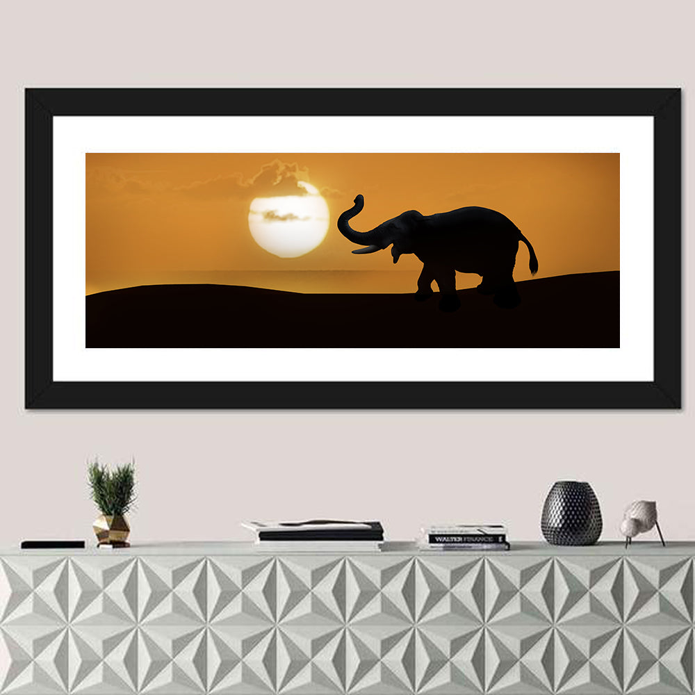 Elephant at Sunset Wall Art in a room, panoramic