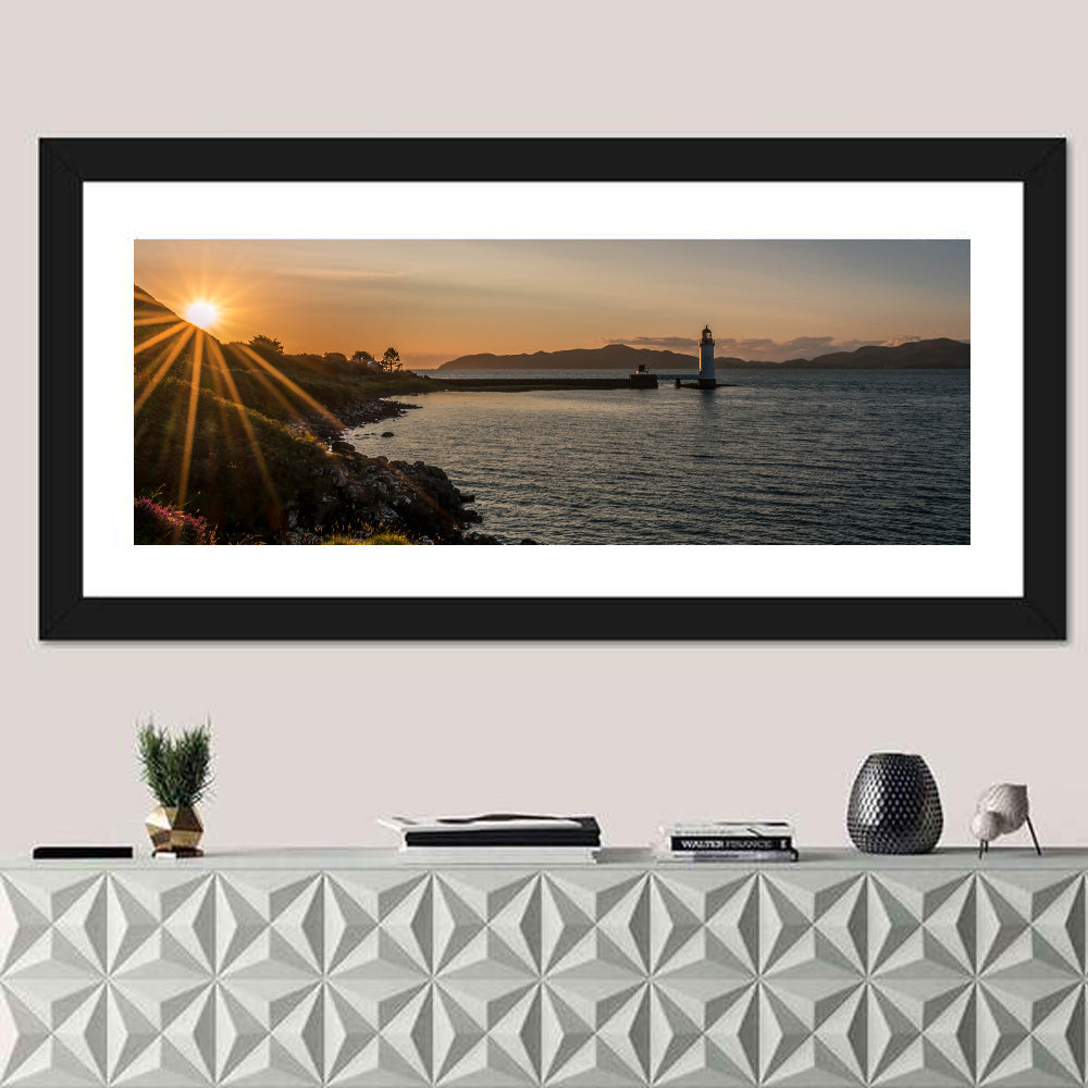 Dunollie Lighthouse Golden Hour Wall Art in a room, panoramic