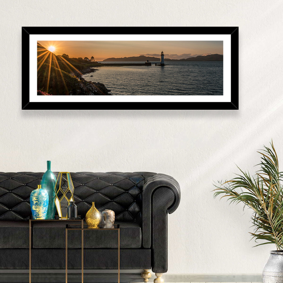 Dunollie Lighthouse Golden Hour Wall Art in a room, panoramic