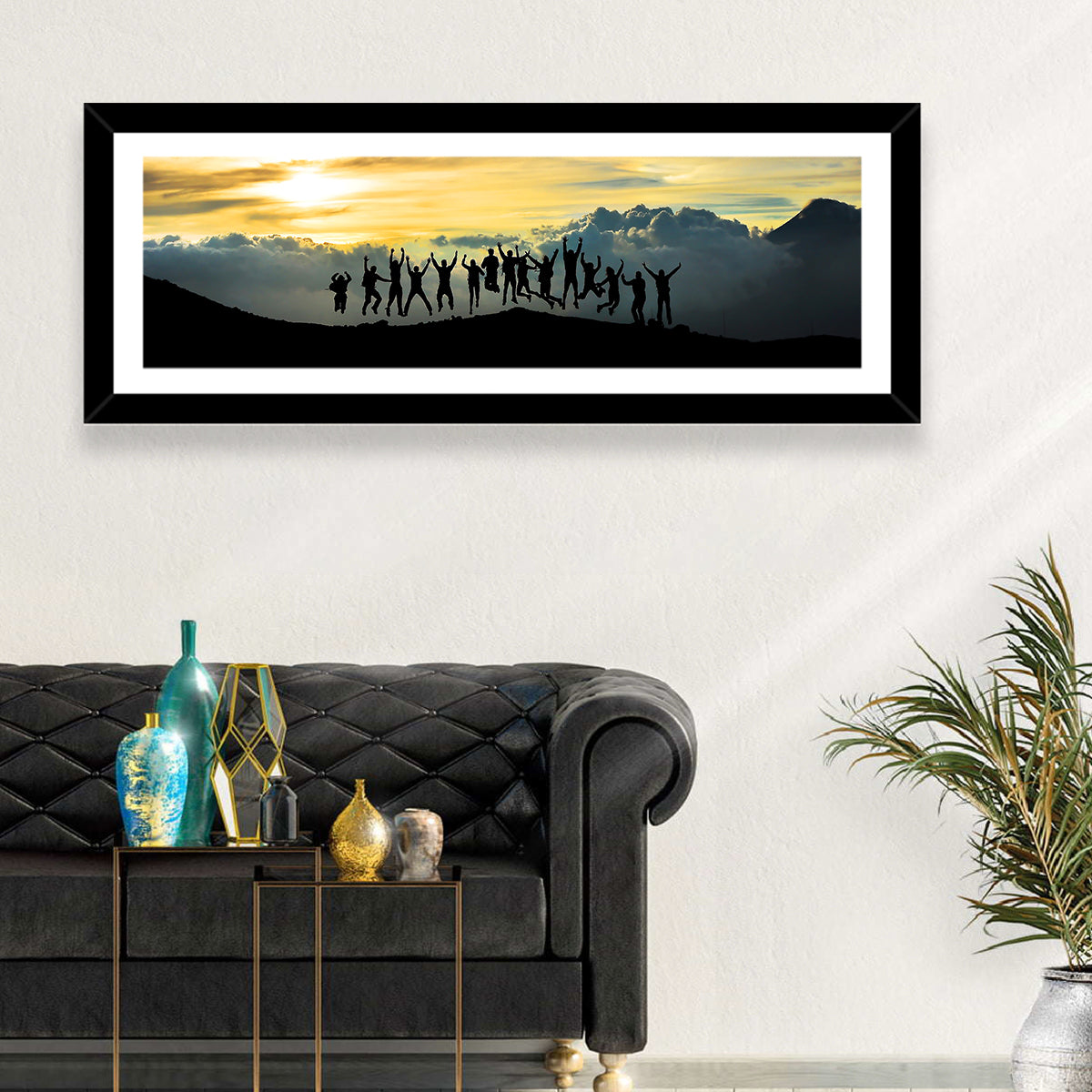 Golden Team Silhouettes at Sunset Wall Art in a room, panoramic