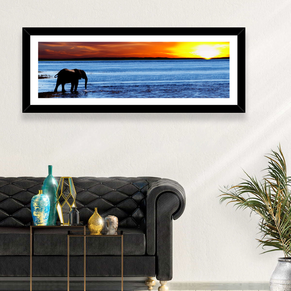 Elephant Silhouette at Beach Sunset Wall Art in a room, panoramic