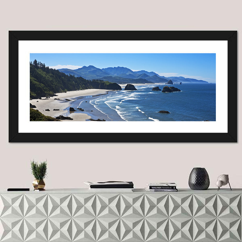 Cannon Beach Morning Shoreline Wall Art in a room, panoramic
