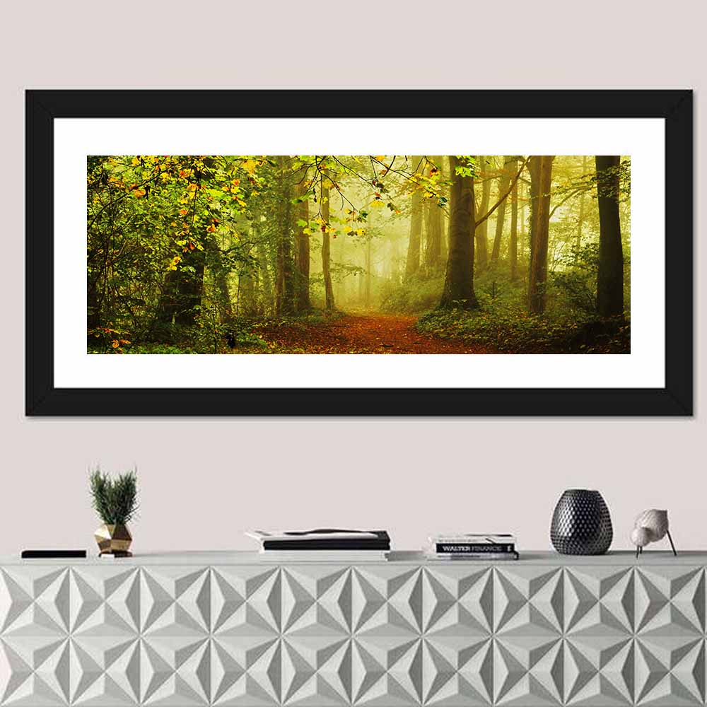 Smoggy Forest Wall Art in a room, panoramic