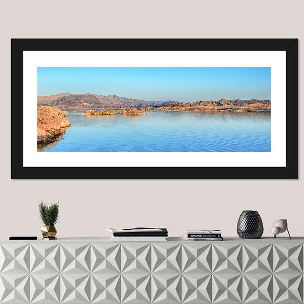 Lake Mead Rocky Shoreline Wall Art in a room, panoramic