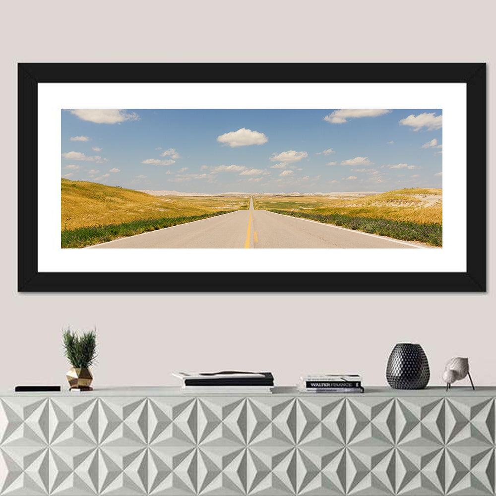 North Dakota Road to Horizon Wall Art in a room, panoramic