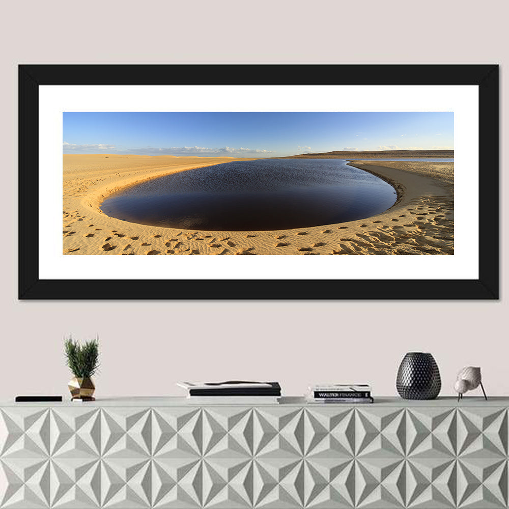 Fayoum Lake Footprints Wall Art in a room, panoramic