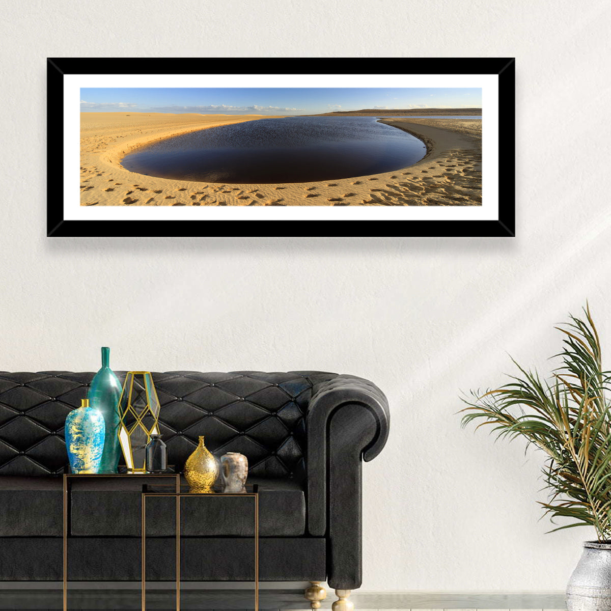 Fayoum Lake Footprints Wall Art in a room, panoramic