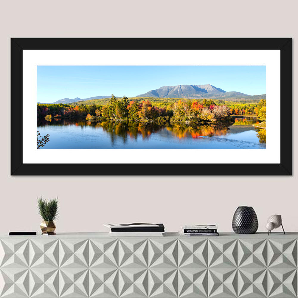 Mount Katahdin Autumn Reflection Wall Art in a room, panoramic