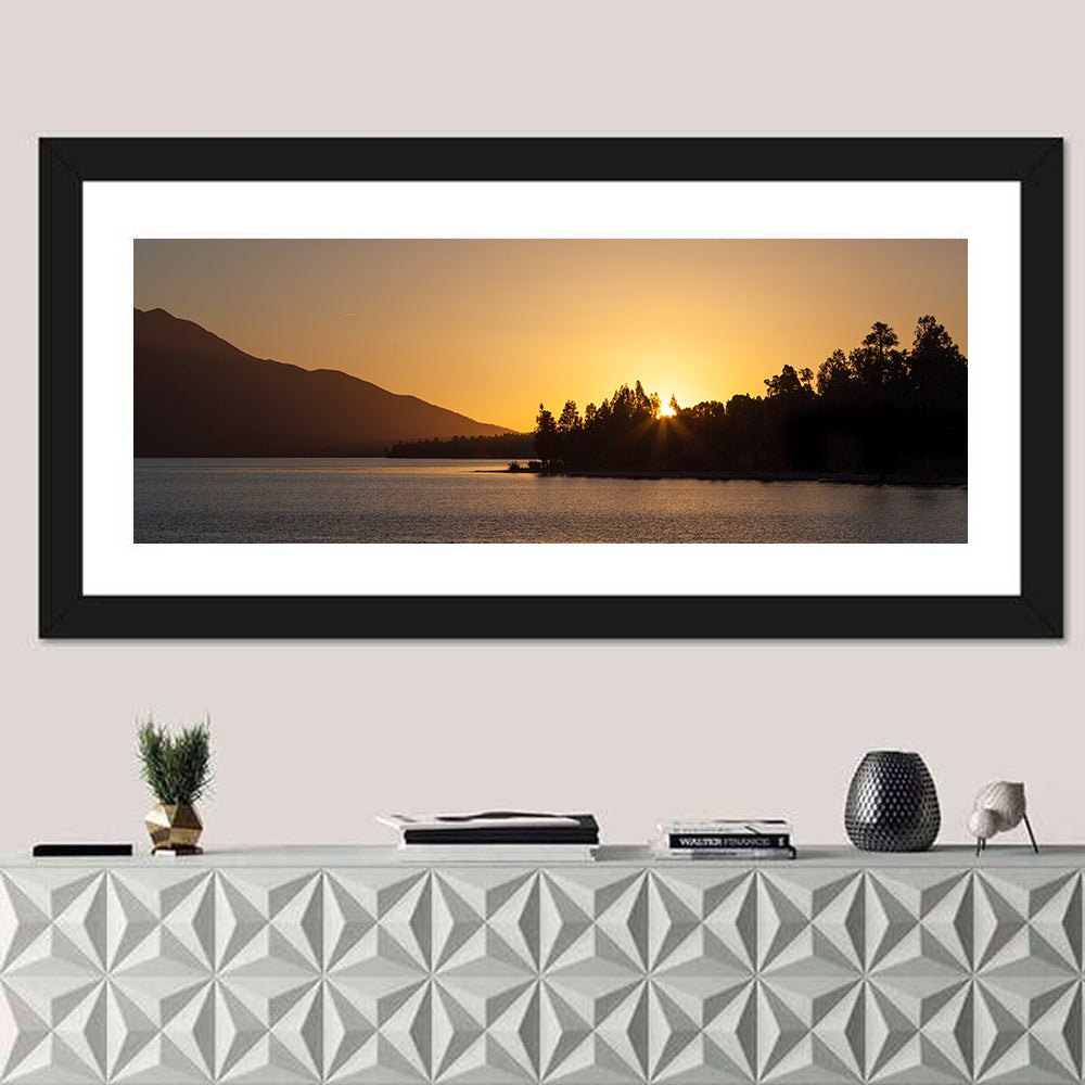 Lake Brunner Golden Sunset Wall Art in a room, panoramic