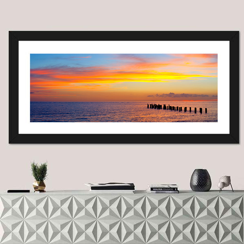 Naples Pier at Sunset Wall Art in a room, panoramic