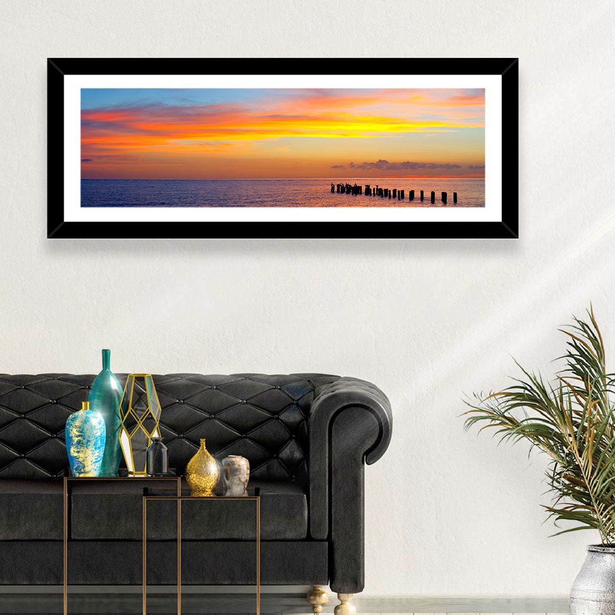 Naples Pier at Sunset Wall Art in a room, panoramic