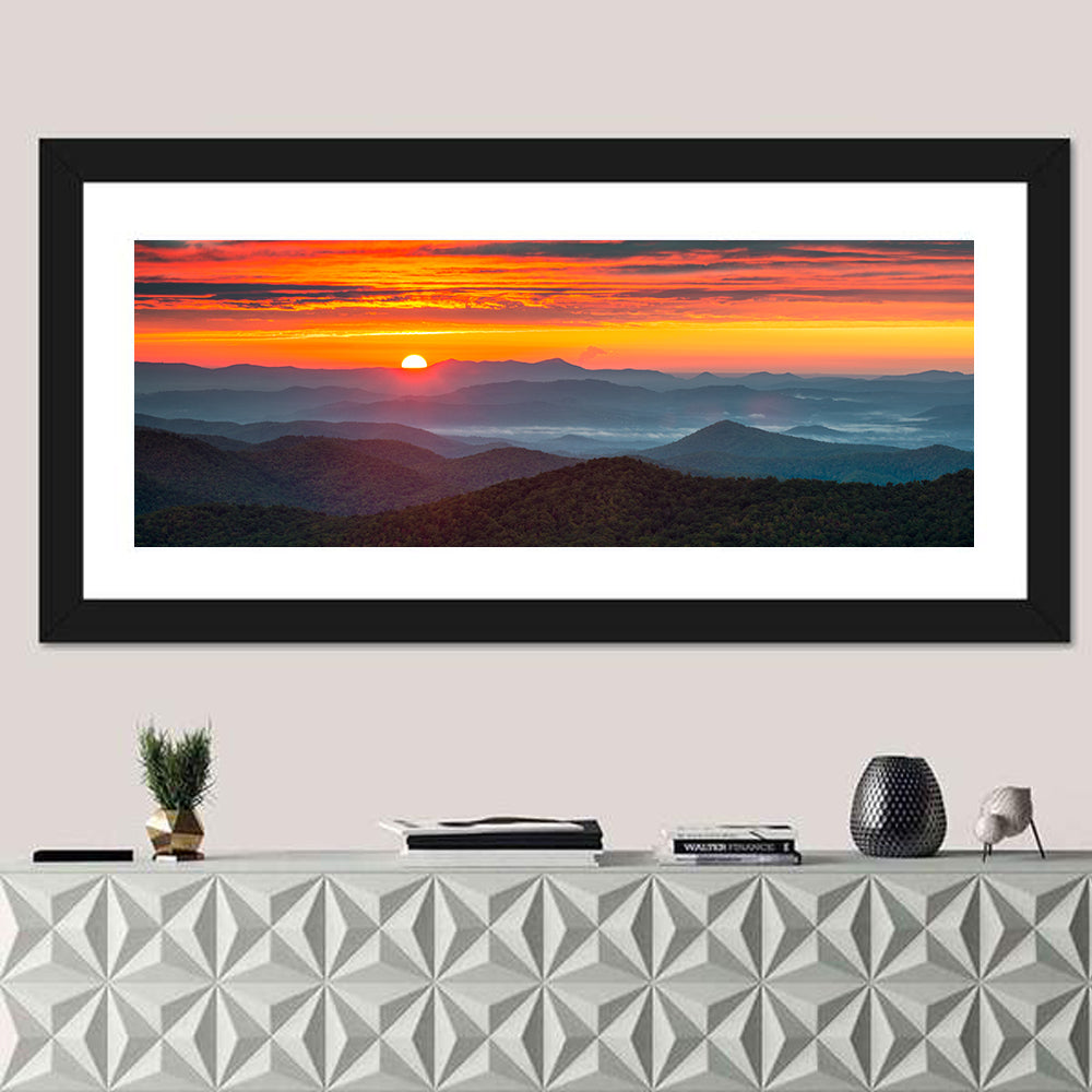 Blue Ridge Sunrise Over Misty Ridges Wall Art in a room, panoramic