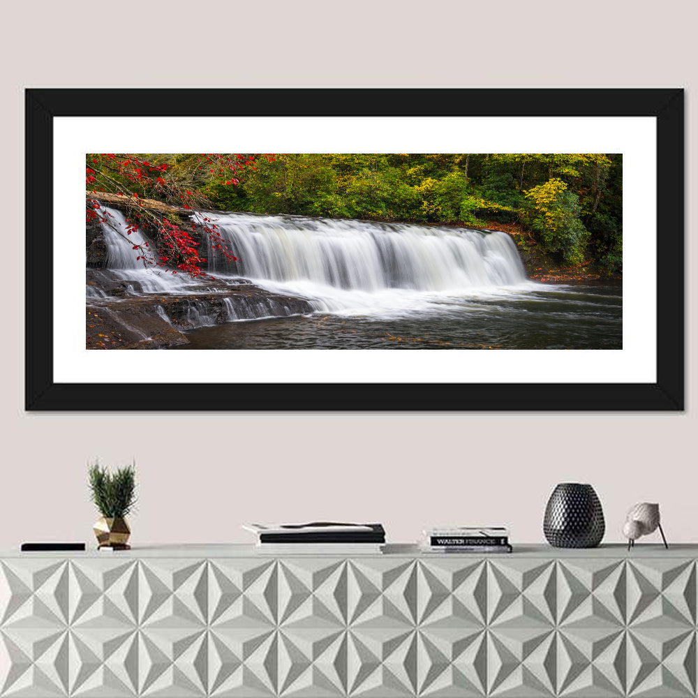 Blue Ridge Autumn Waterfall Wall Art in a room, panoramic