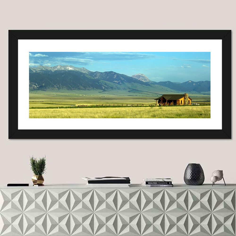 Montana Mountain Ranch Wall Art in a room, panoramic