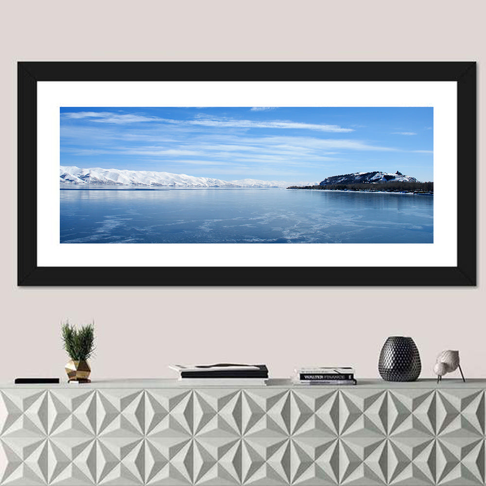 Lake Sevan in Winter Wall Art in a room, panoramic