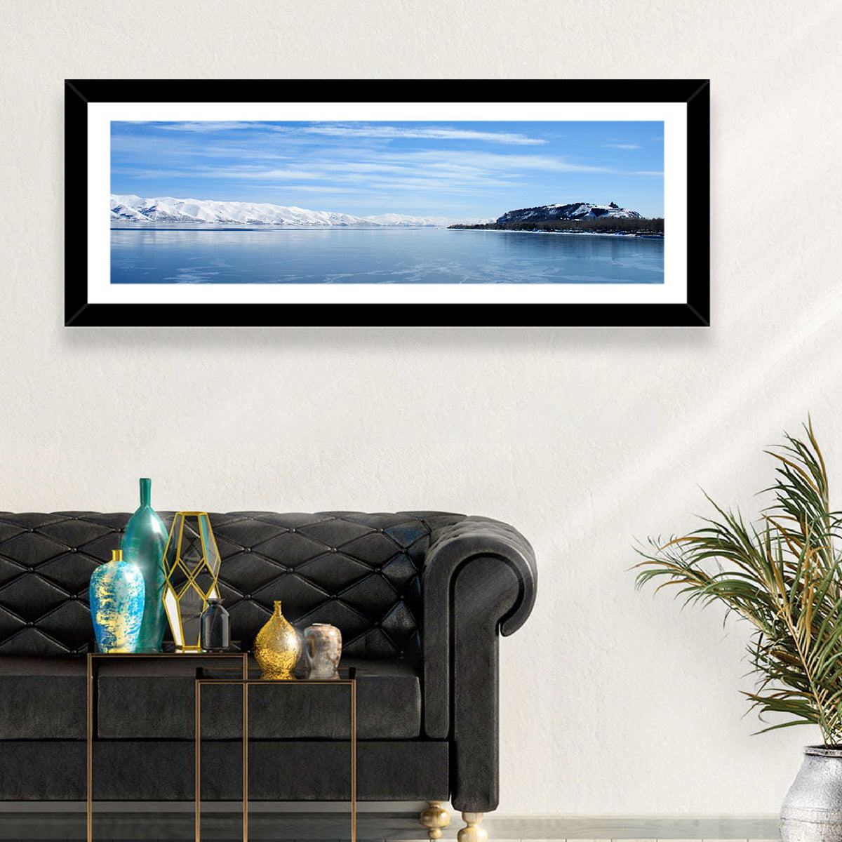 Lake Sevan in Winter Wall Art in a room, panoramic