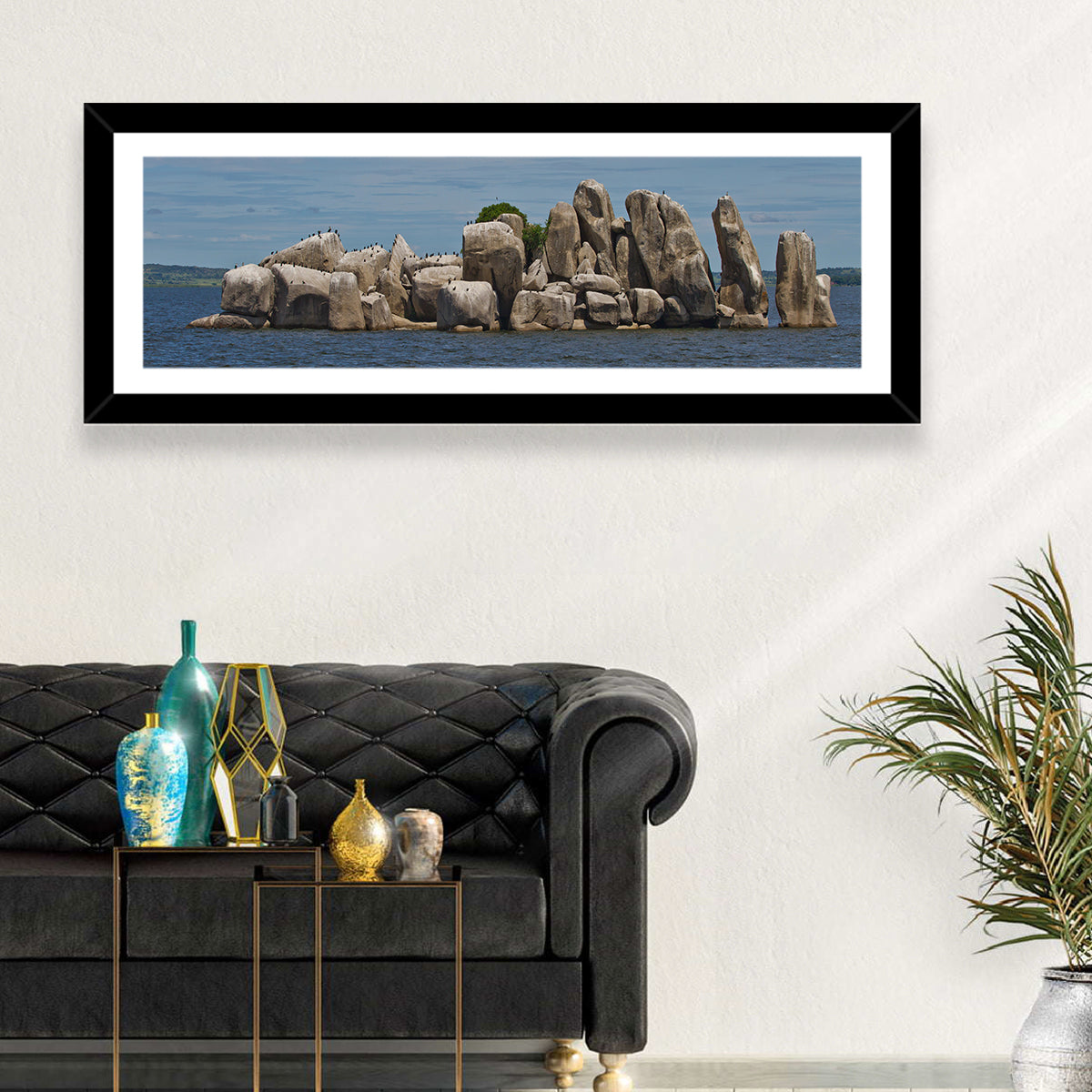 Stony Islet Lake Victoria Wall Art in a room, panoramic