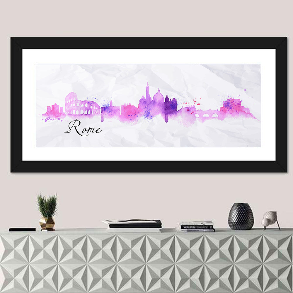 Watercolor Rome Skyline Wall Art in a room, panoramic