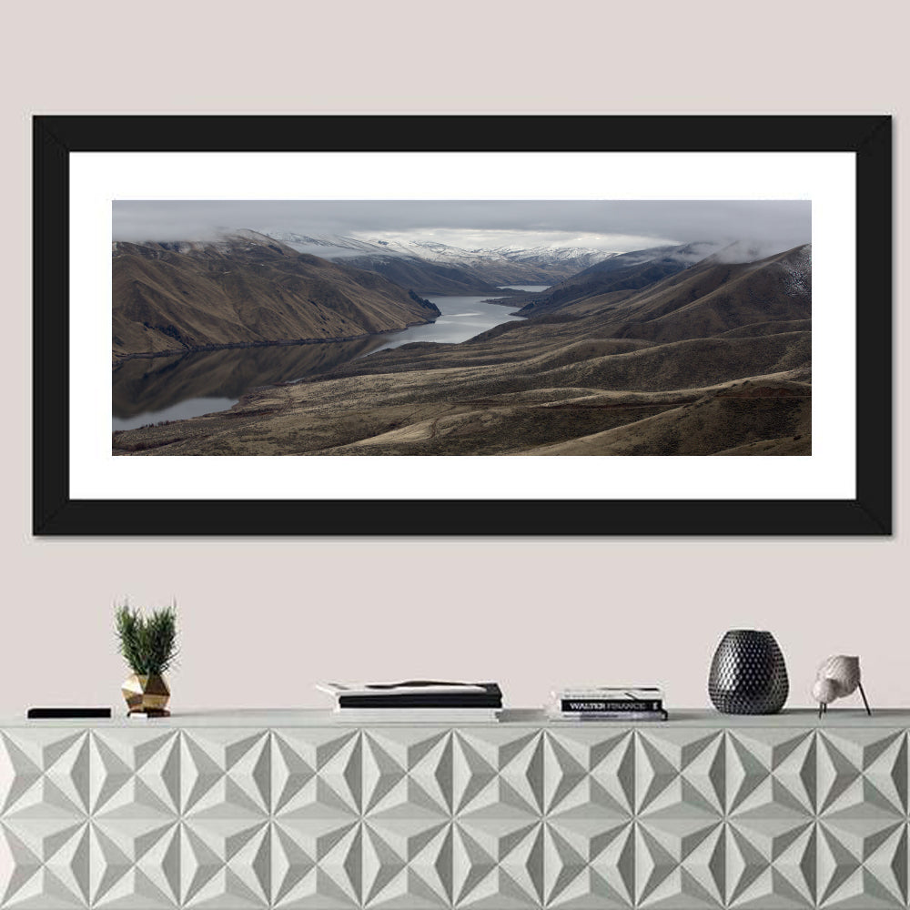 Snow-dusted Snake River Canyon Wall Art in a room, panoramic