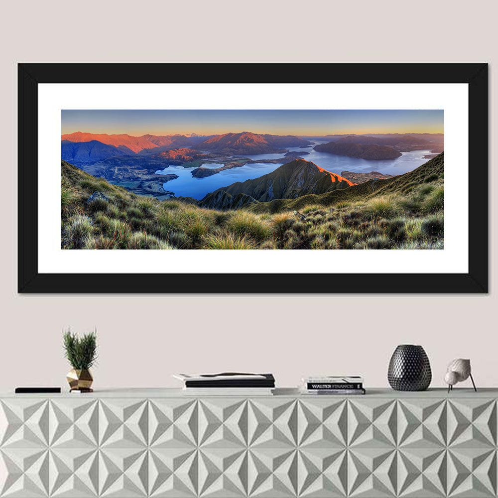 Wanaka Golden Hour Over Roys Peak Wall Art in a room, panoramic