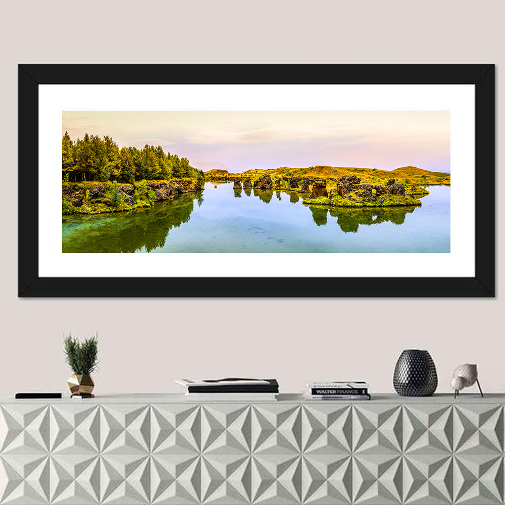Lake Myvatn Reflections Wall Art in a room, panoramic
