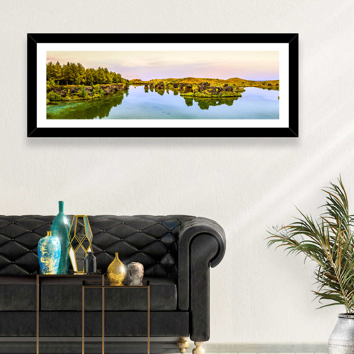 Lake Myvatn Reflections Wall Art in a room, panoramic