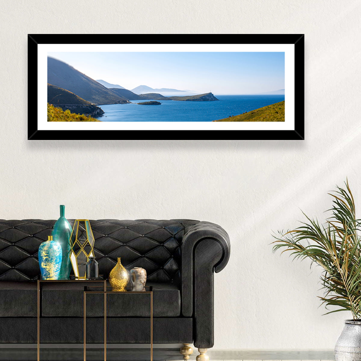 Coastal Cliffs and Lighthouse Bay Wall Art in a room, panoramic