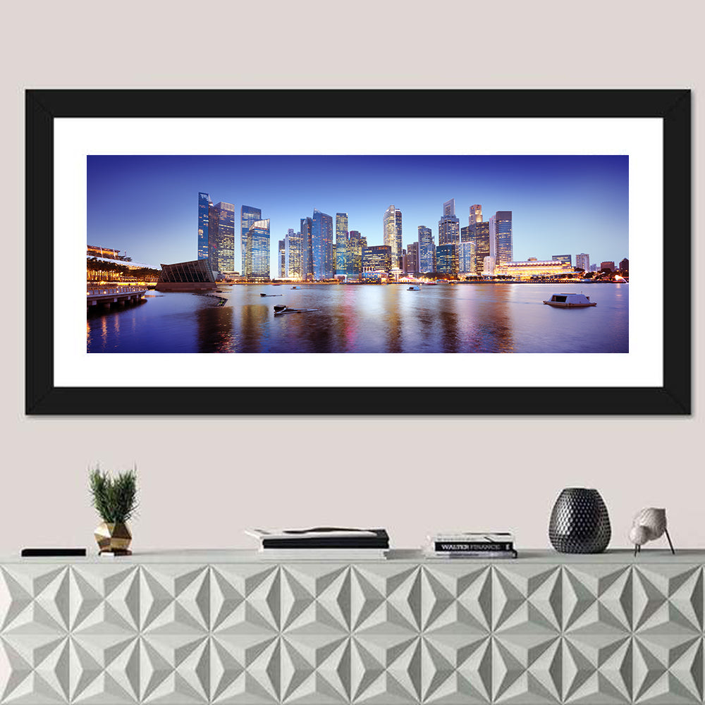 Singapore Marina Bay Skyline at Twilight Wall Art in a room, panoramic