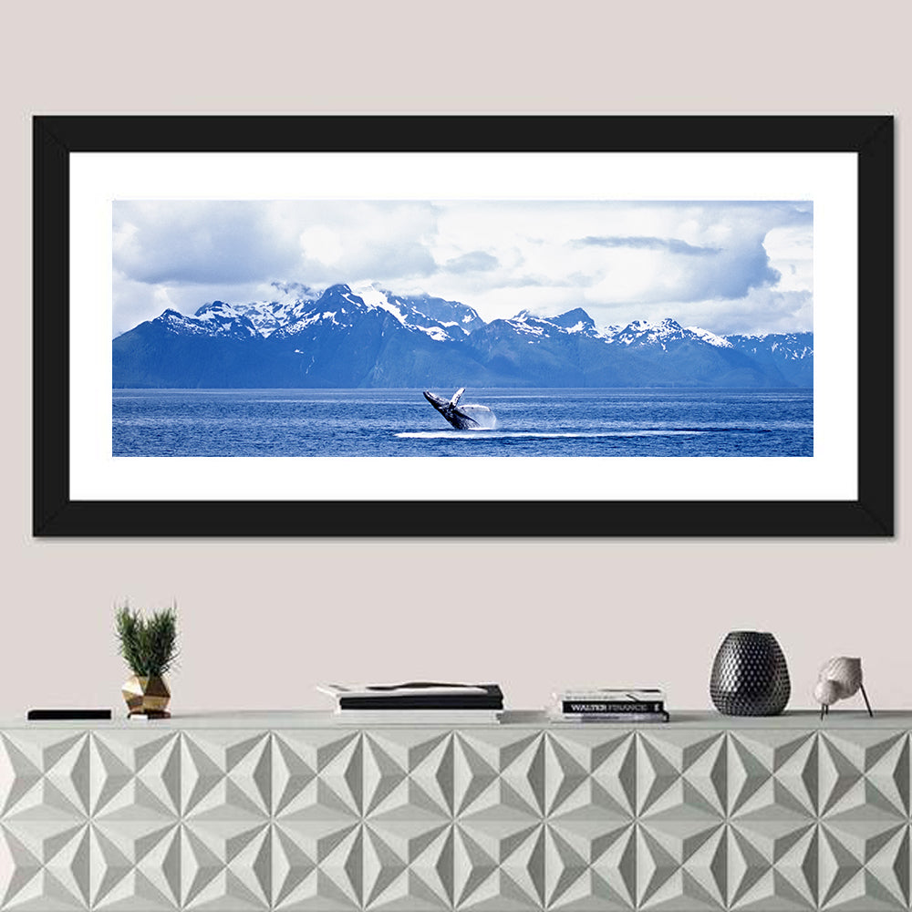 Humpback Whale with Snow Capped Mountains Wall Art in a room, panoramic