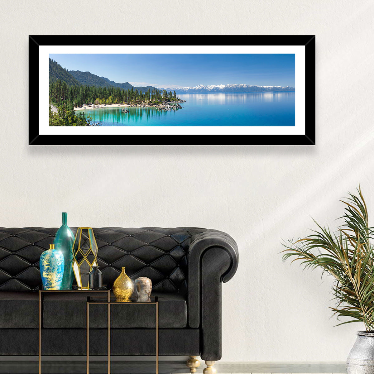 Lake Tahoe Turquoise Shoreline Wall Art in a room, panoramic