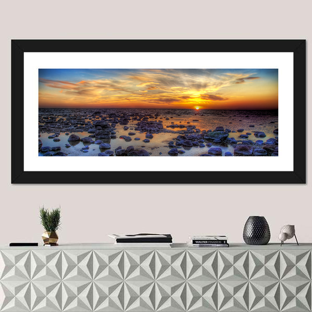 Sea Stones at Sunset Wall Art in a room, panoramic