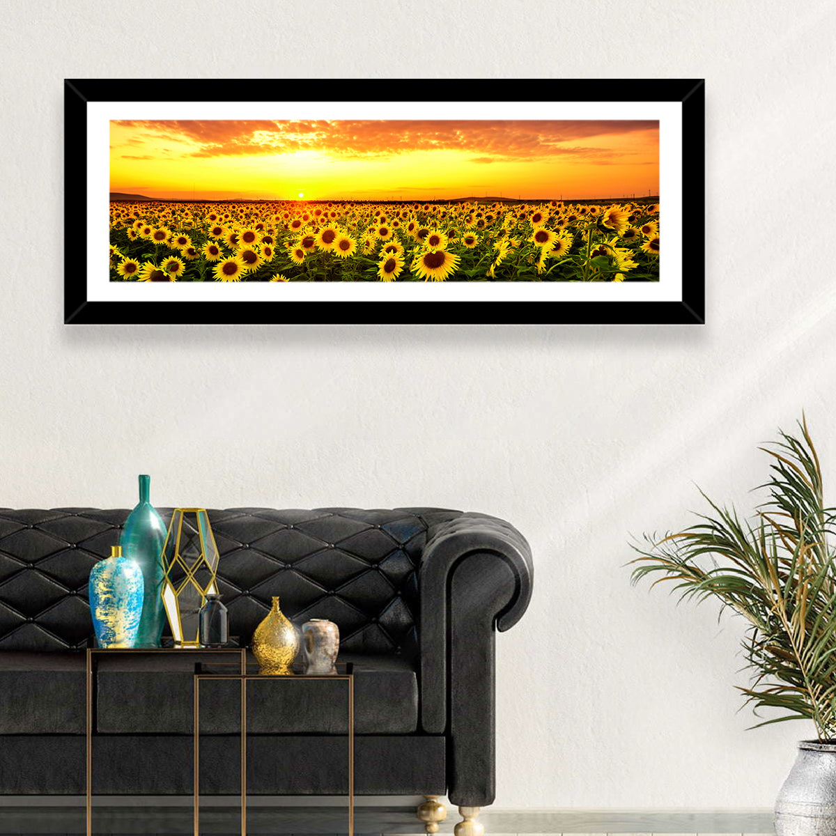 Golden Hour Sunflower Field Wall Art in a room, panoramic