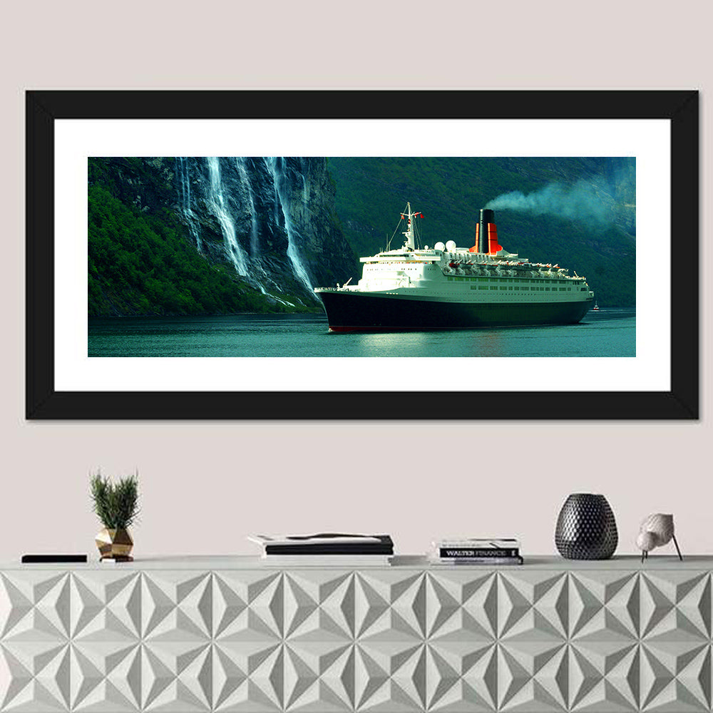 Cruise Ship at Geiranger Fjord Wall Art in a room, panoramic